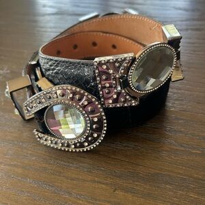Elegant Black and Brown Belt with Gemstone‎ Accents